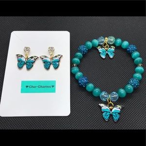 2pc Turquoise Butterfly Charm Bracelet&EarringSet